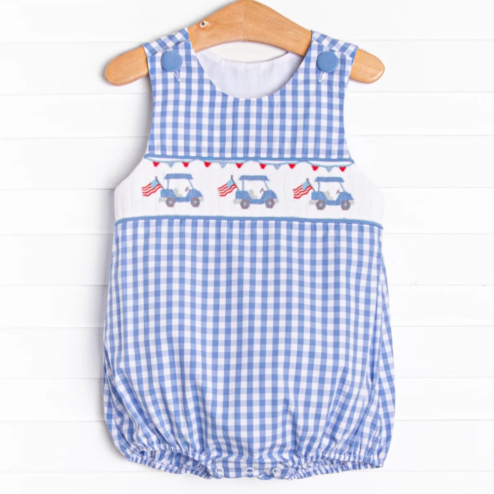 Stitchy Fish Blue Gingham Smocked Golf Cart 4th of July Bubble Romper Like New